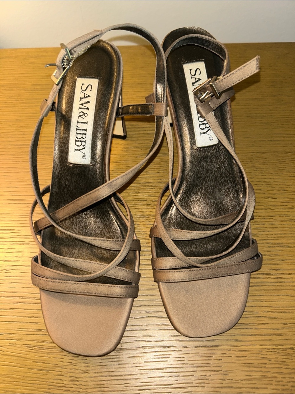 Sam & Libby Taupe Strappy Low Block Heel Sandals